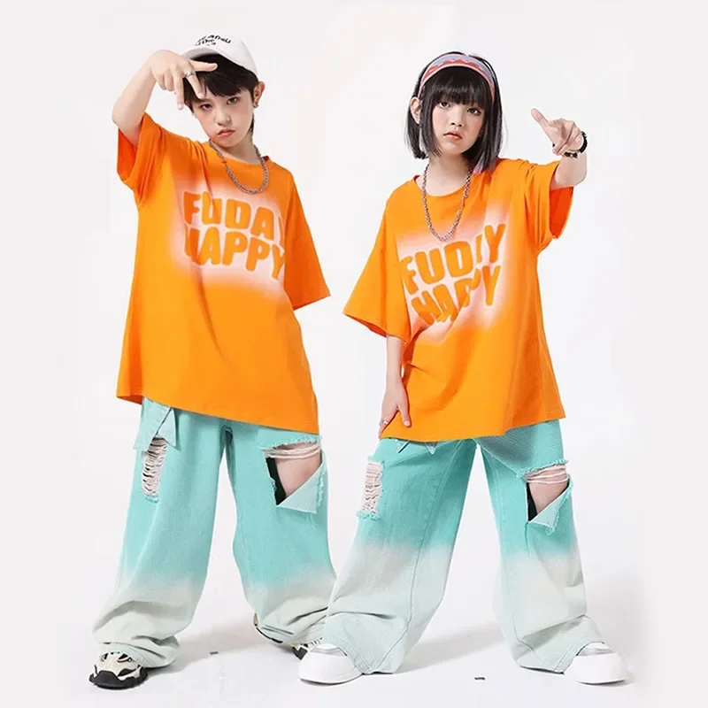 Kid Hip Hop Clothing Orange Graphic Tee T Shirt Top Blue Green Denim Strap Ripped Jeans Pants for Girl Boy Dance Costume Clothes