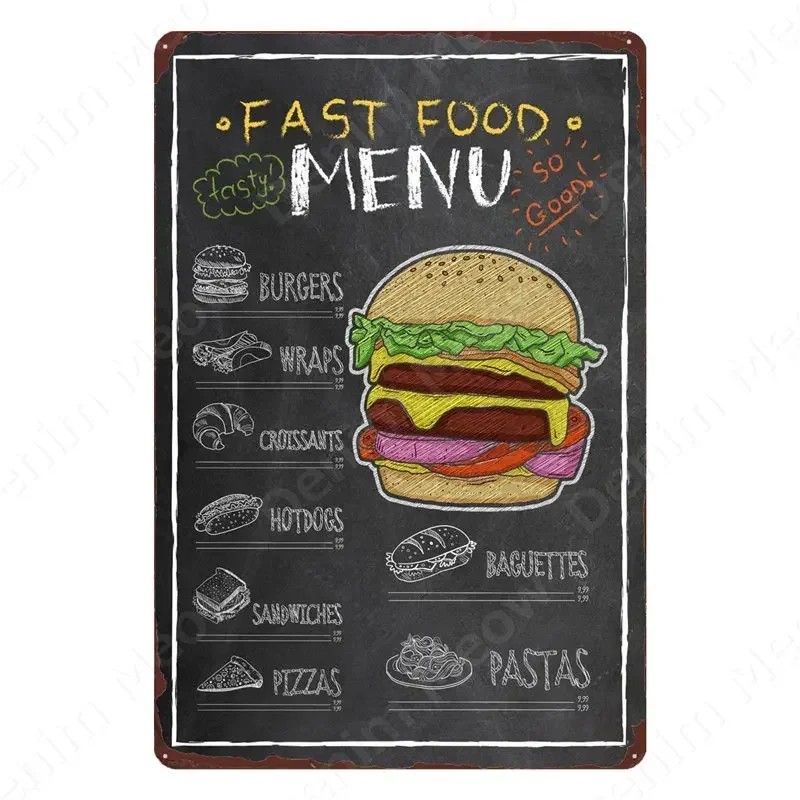 Vintage Fast Food Menu Tin Sign BBQ Menu Metal Poster Burgers Pizza Wall Decoration for Party Ktichen Restaurant Home Decor