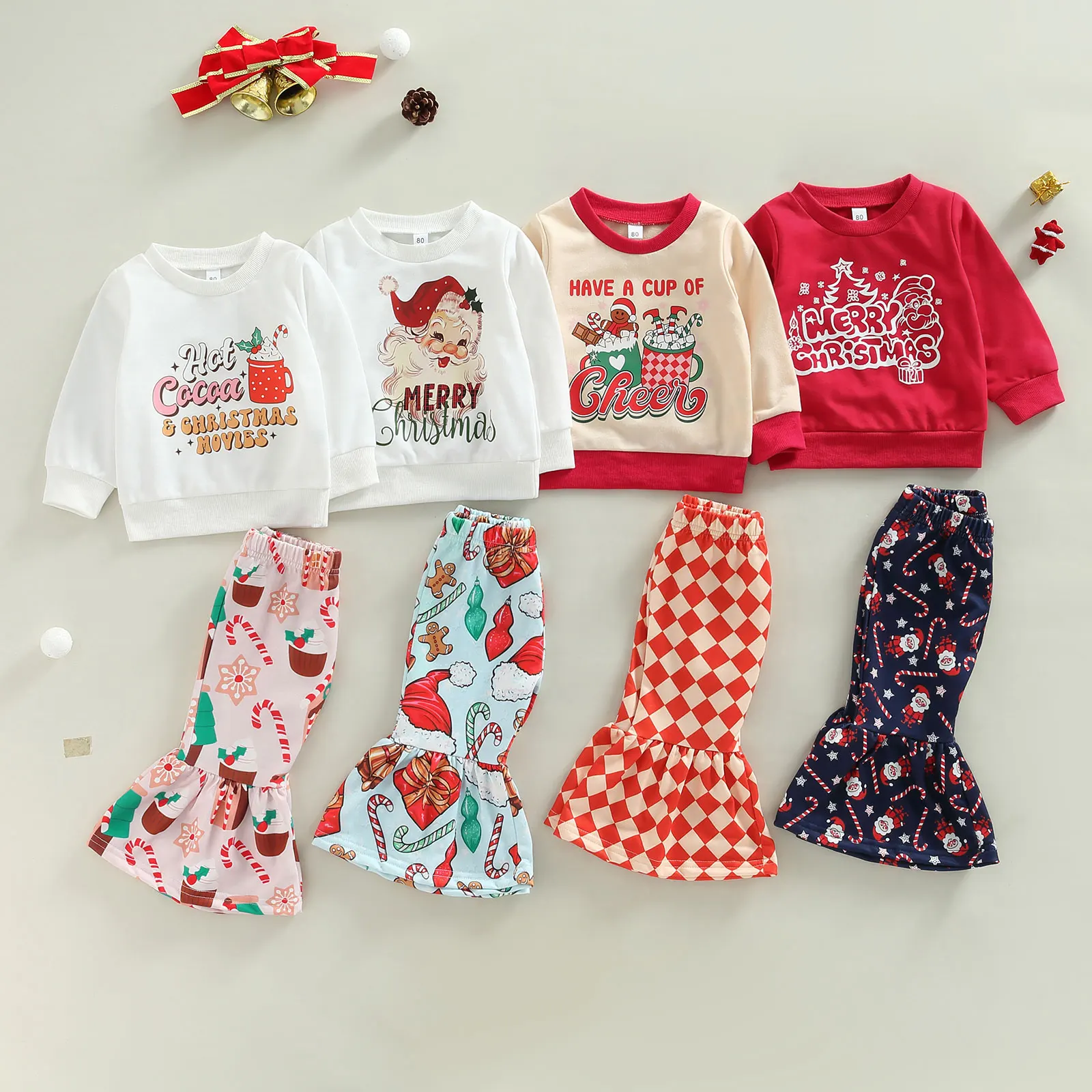 2022-10-13 Lioraitiin  0-4Years Toddler Kid Girls Christmas Pants Set Long Sleeve Letters Print Sweatshirt Flare Pants