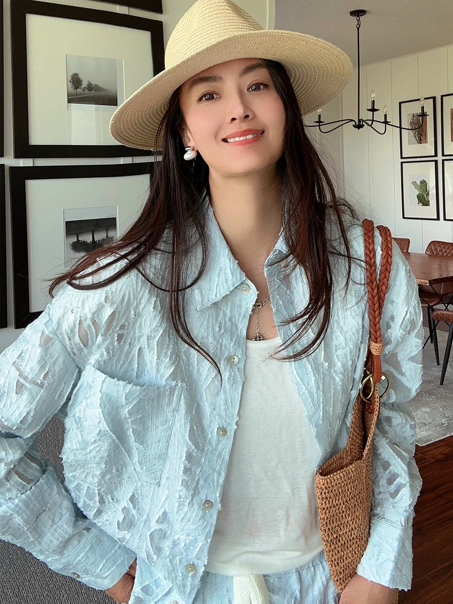 

Ele irt orts Set Simple Design Scissors Flower Fabric Self-kept Sle Women's Summer Faion Casual Wear Navy Keys