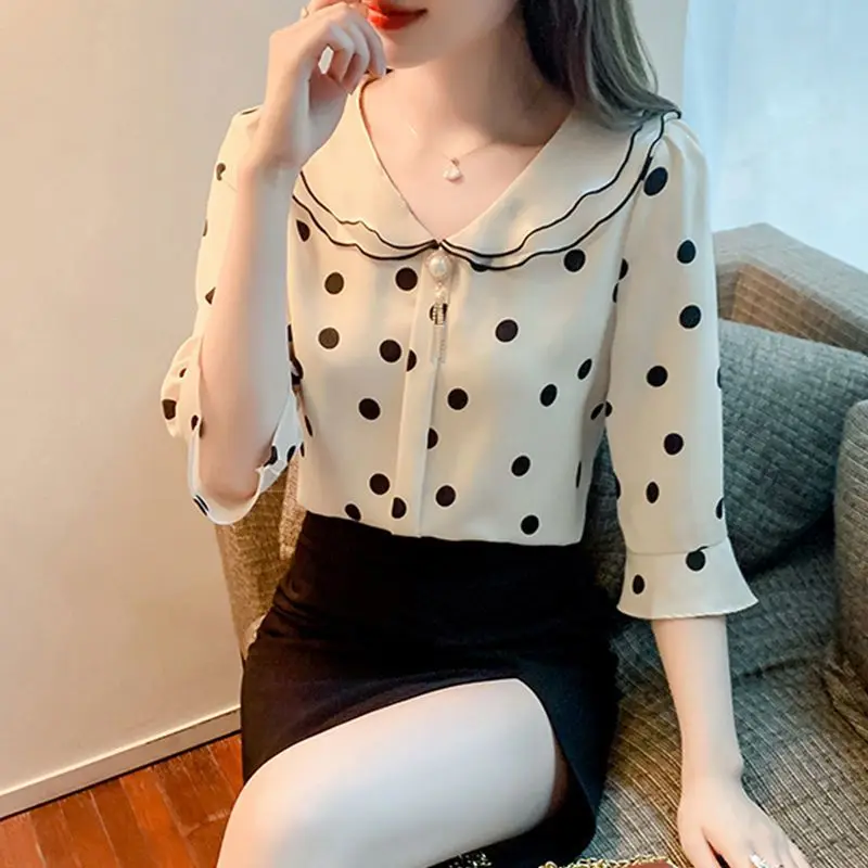 Sweet Peter Pan Collar Printed Flare Sleeve Polka Dot Blouse Women Clothing 2023 Summer New Oversized Casual Tops Beading Shirt