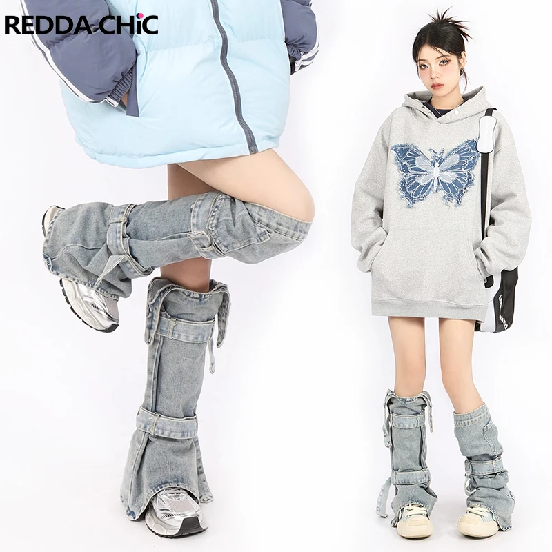 REDDACHiC Y2k Women Denim Leg Warmers Solid Blue Pocket Bandage Belt Knee Long Socks Asymmetric Boots Cover Harajuku Streetwear