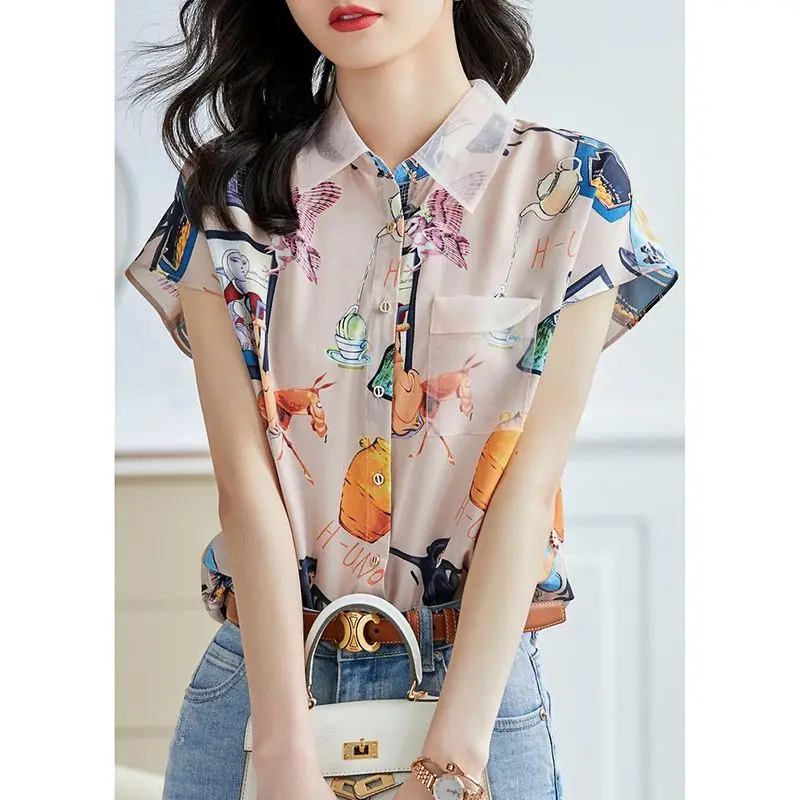 Vintage Fashion Summer New Women\'s Polo-Neck Printing Single Breasted Temperament Versatile Loose Short Sleeve Thin Style Tops