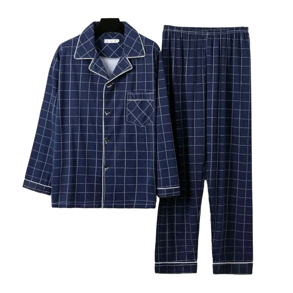 Soft Men Homewear Suit Striped Plaid Men's Fall Winter Pajamas Set with  Lapel Single-breasted Long Sleeve