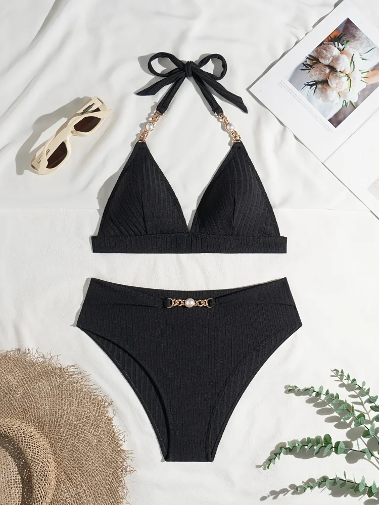 Bikini Women Swimsuit 2025 New Solid Halter Design Bikinis Set Sexy Lace Up Swimwear Summer 2 Piece Set Beachwear Bathing Suit