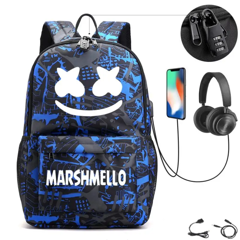 

Детский рюкзак, женский модный рюкзак в стиле аниме DJ marshmello, детская водонепроницаемая сумка, школьный рюкзак с USB-зарядкой