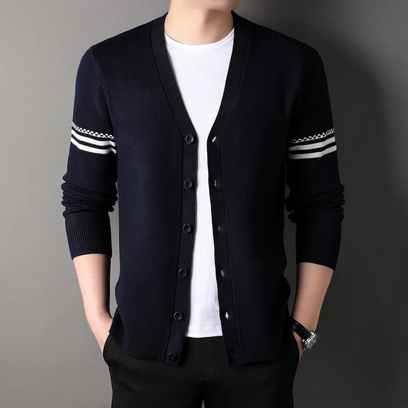 Autumn and Winter Men's  Striped Design Business Knitted Boutique Cardigan Knitted Sweater Korean Version V-neck Long-sleeved