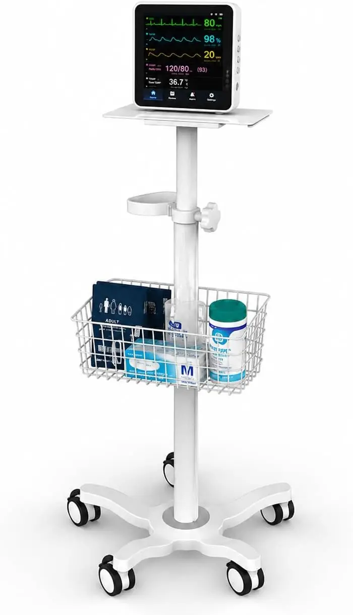 Mount Plus X3 Height Adjustable Aluminium Rolling Stand for Patient Monitor Medical Trolley Cart with Basket and and Locking Cas