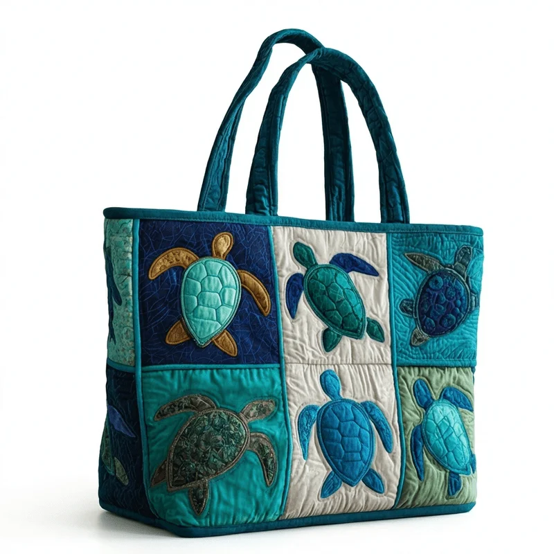 Women Sea Turtle Patchwork Quilted Tote Bag Large Capacity Machine Washable Suitable for Beach Ocean-Themed Quilted Shoulder Bag