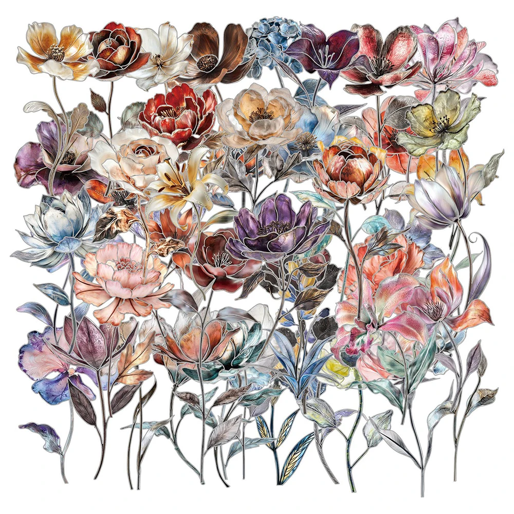 

10/30/50pcs Transparent Silver Boom Flower Stickers Vintage Aesthetic Decals DIY Scrapbook Luggage Phone PET Sticker Decoration