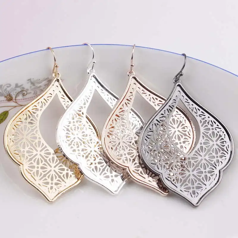 Cut Gold Silver Filigree Quatrefoil Flower Geometric Moroccan Statement Earrings Girls Women Classic Oval Teardrop Jewelry Gifts