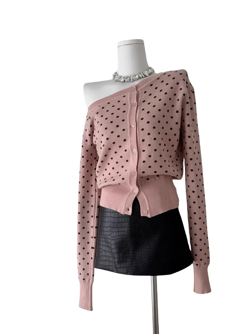 여성용 소프트 슬리 핑크 도트 니트 오픈 가디건 슬림 핏 롱 슬리브 탑 이중 색상 초가을 신상품