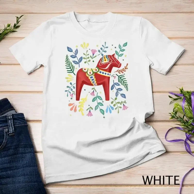 Swedish Dala Horse Folk Art Sweden Flag Dalahelmsoljd Horse Unisex T shirt