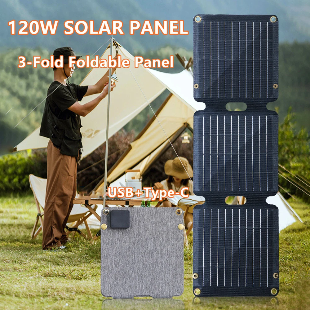 120W Folding Solar Panel 5V Complete Camping Solar Power Bank Station Portable Generator Charger USB Type-C for Car Caravan Camp