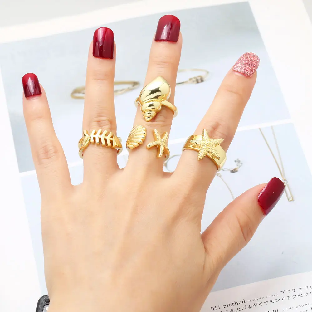 OCESRIO Trendy Starfish Conch Statement Rings for Women Copper Gold Plated Coral Fishbone Open Ring Women Jewelry righ34