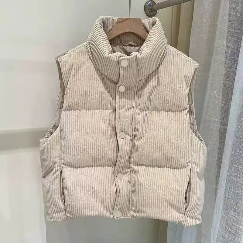 

Women's Corduroy High Collar Long Sleeve Sleeveless Coat Cotton Jacket Y2K Korean Edition Fashion High Street Retro Winter Coat