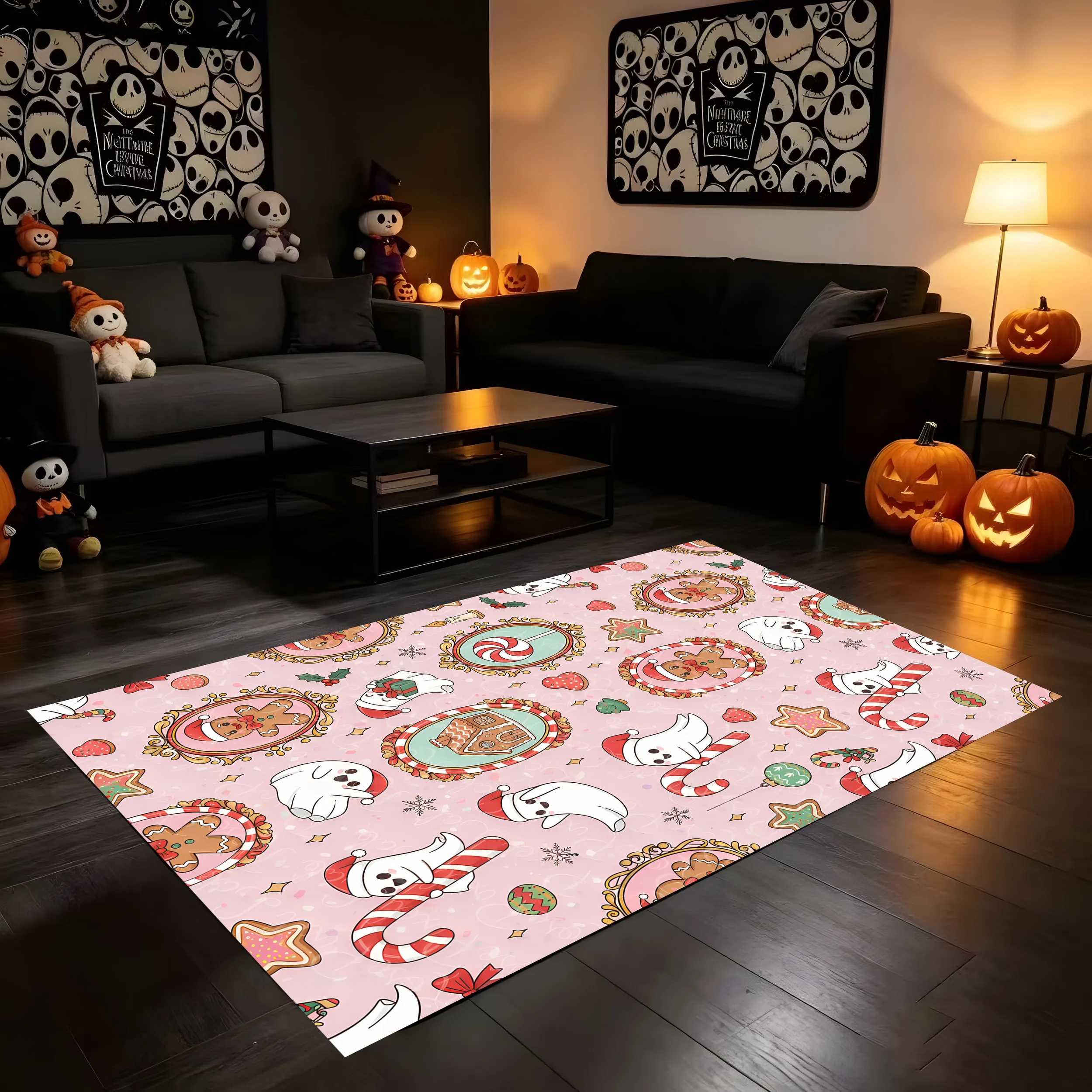 Velvet Rug Sweet Cool Cartoon Powder Ghost Gingerbread Man Print for Bedroom Entryway Entrance Decor