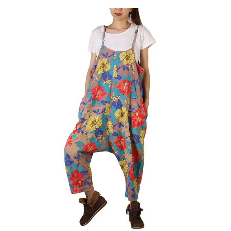 

Summer Women Cotton Floral Print Drop Crotch Rompers Thin Sleeveless Suspender Harem Office Overalls Hip Hop Cross-pants