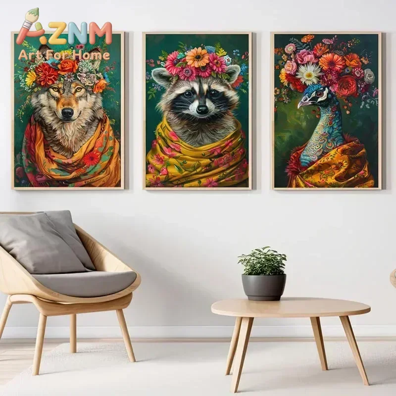 1pc frameless Canvas Painting  Vintage Maximalist Floral Wild Animal Canvas Painting Lion Owl Peacock Wolf Flower Poster Print W