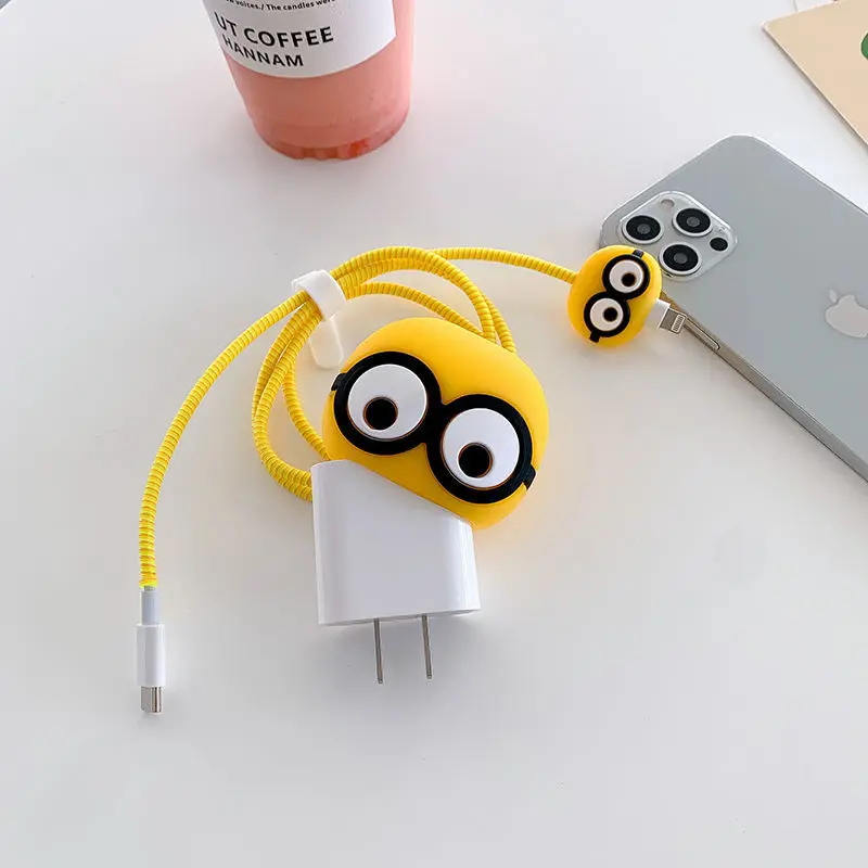 Cute 3D Yellow Big Eyes 18W 20W iphone Ipad Fast Charger Protector Case Cover,USB Data Cable Case Winder For iphone 15 14 12