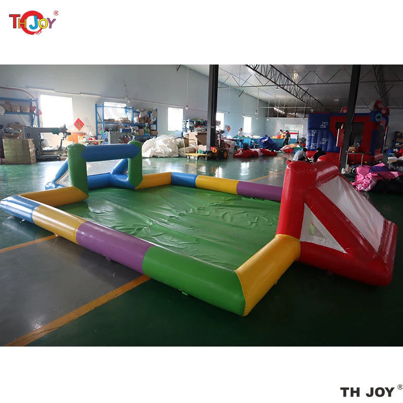 Free Air Shipping 6x4m kids Hot sale airtight pvc inflatable soap soccer field, inflatable water soccer field