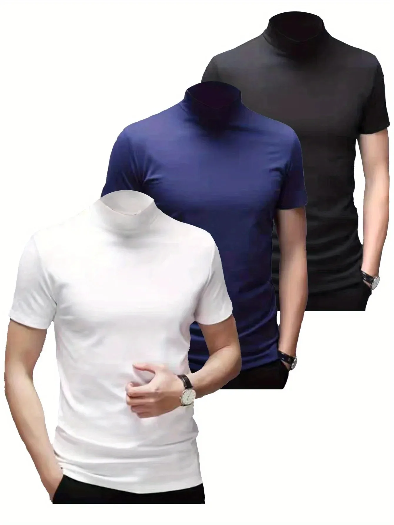 1pcs Men\'s Breathable Soft Comfy High Stretch Short Sleeve High Neck Base Layer For Spring Autumn, Men\'s Undershirts