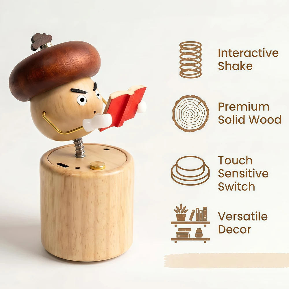 Sculpture d'art cinétique artisanale en bois en forme de champignon, avec mouvement automatique et interactif, idéale pour les employés de bureau et les étudiants.