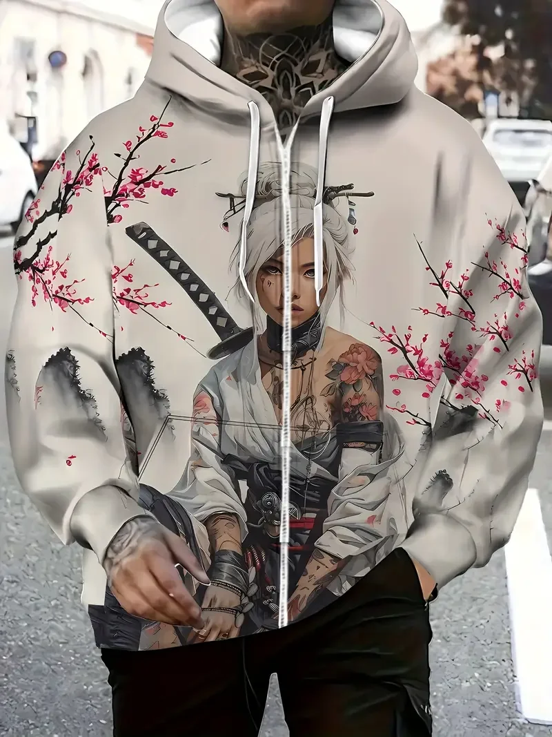 Japanese Female Samurai 3d Print Zipper Hoodies Men Women Unisex Hooded Oversized Hoodie Zip Up Sweatshirts Tracksuits