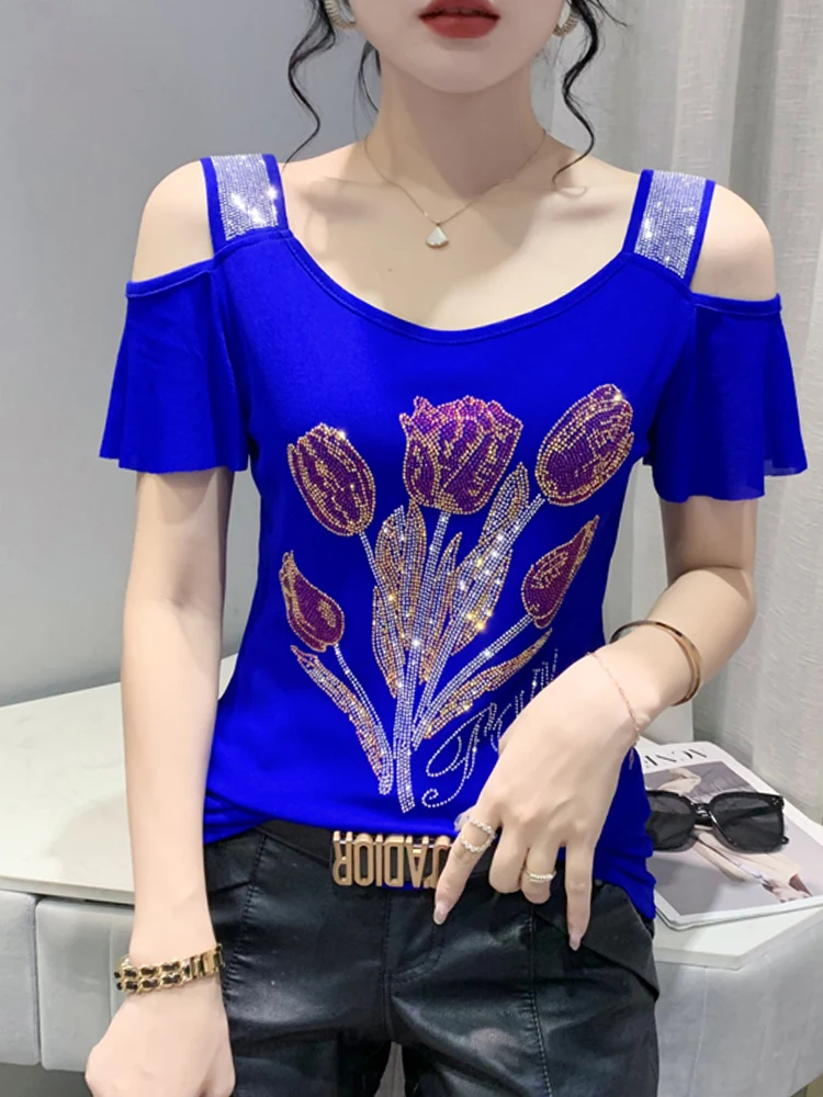 Camiseta Sexy de Um Ombro para Mulheres, Bordada com Pedrarias Pesadas, Cor Pura Geométrica...