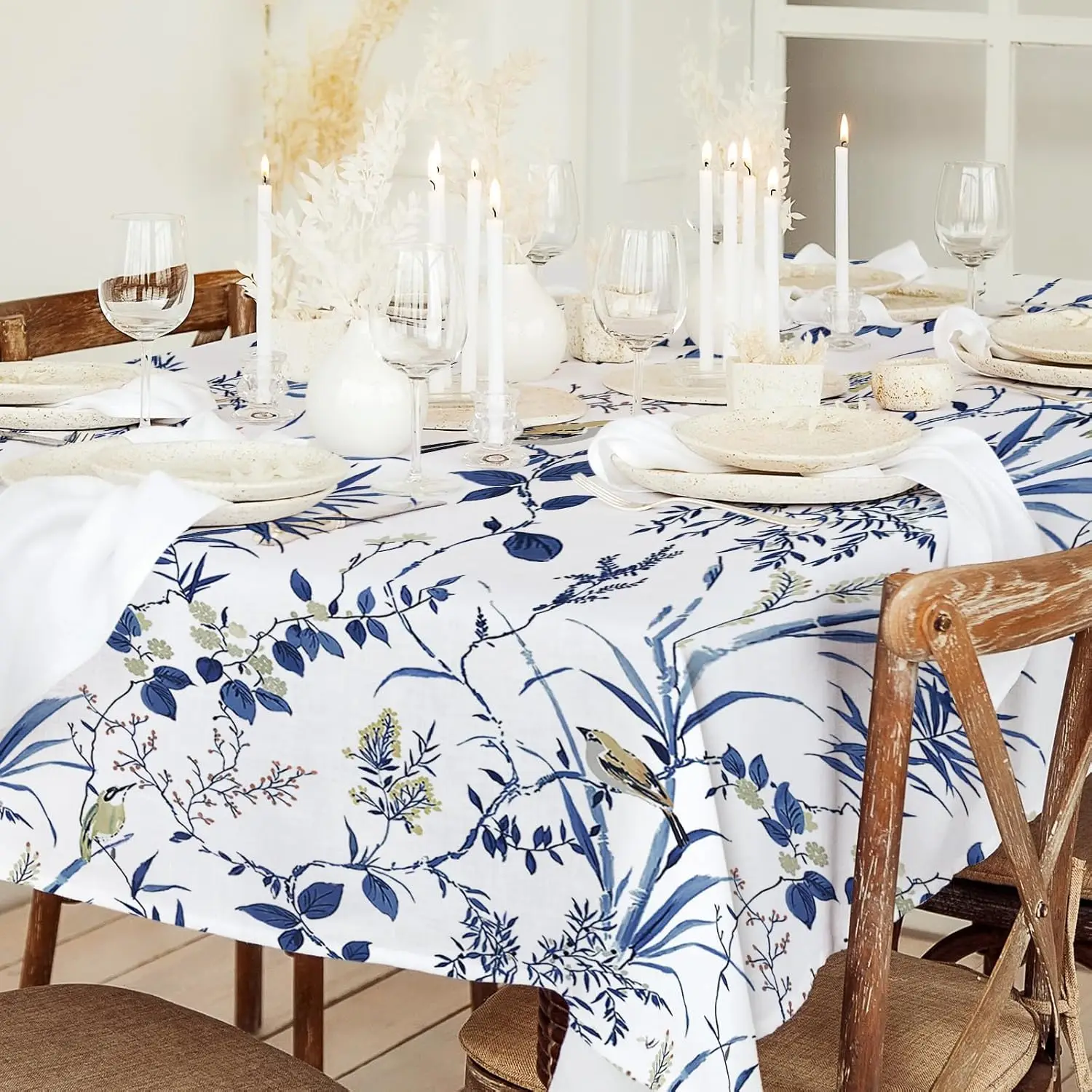 Mantel impermeable con flores de pájaro azul Retro, decoración para fiestas navideñas, mantel rectangular con hojas florales