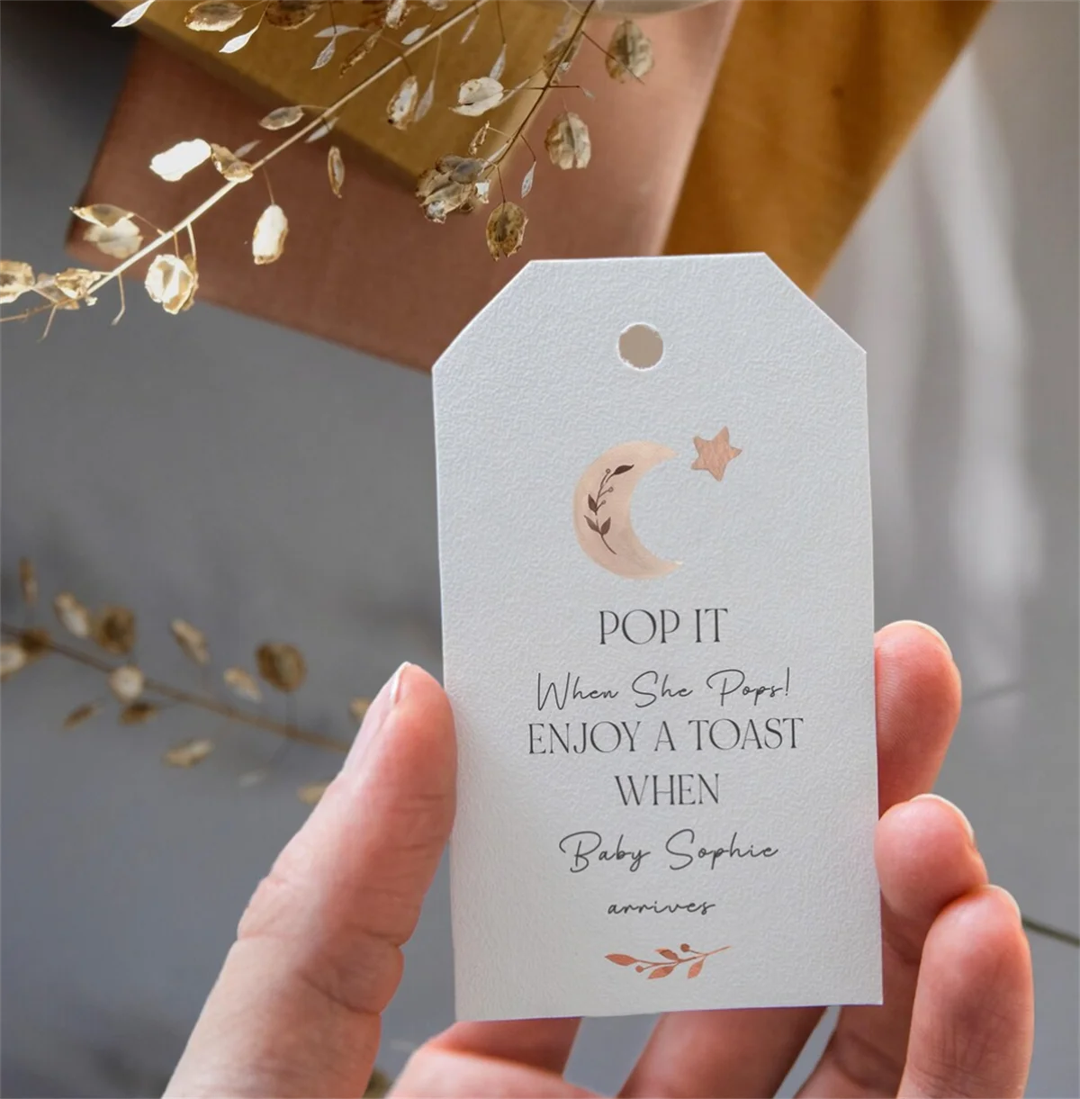 50 stücke personal isierte Pop-it, wenn sie Baby party Gunst Tags knallt-Boho Mond und Sterne Baby party Tags-Größe groß 5x8,5 cm