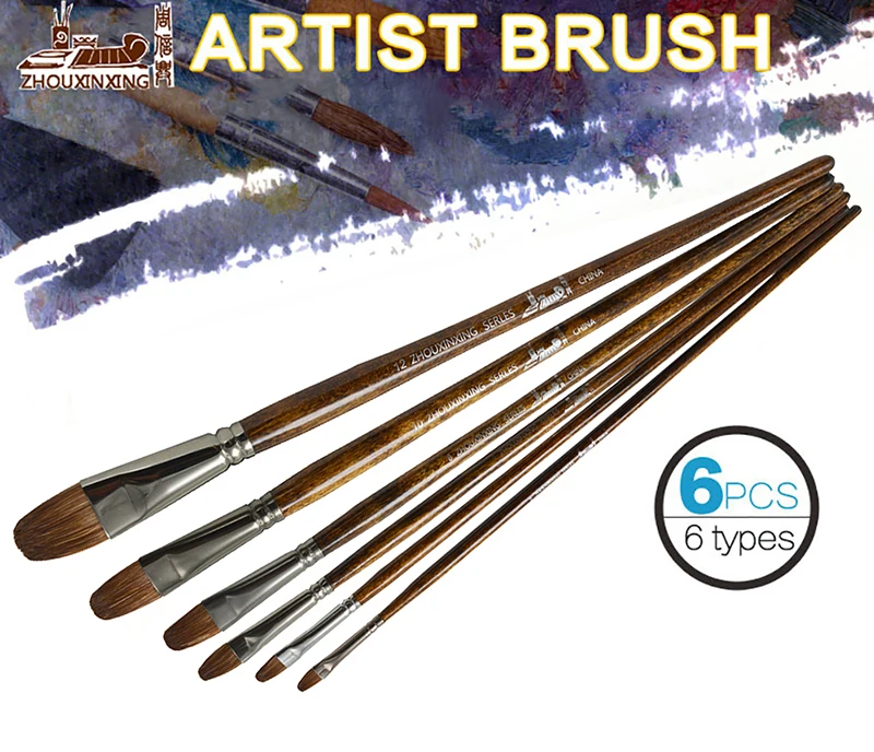 Jowoart 6pcs/Set High-grade Weasel Hair Brush Acrylic Nature Painting Brush Hazel Shap Long Wooden Rod Brush Drawing Art Supplie