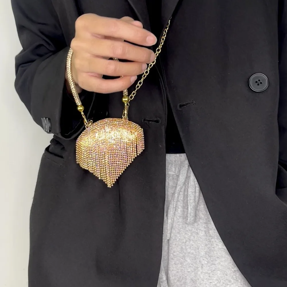 

Elegant Tassel Rhinestone Banquet Bag Metal Top Handle Glitter Mini Evening Bag Crossbody Bag Wrist Bag Ladies Clutch Bag Women