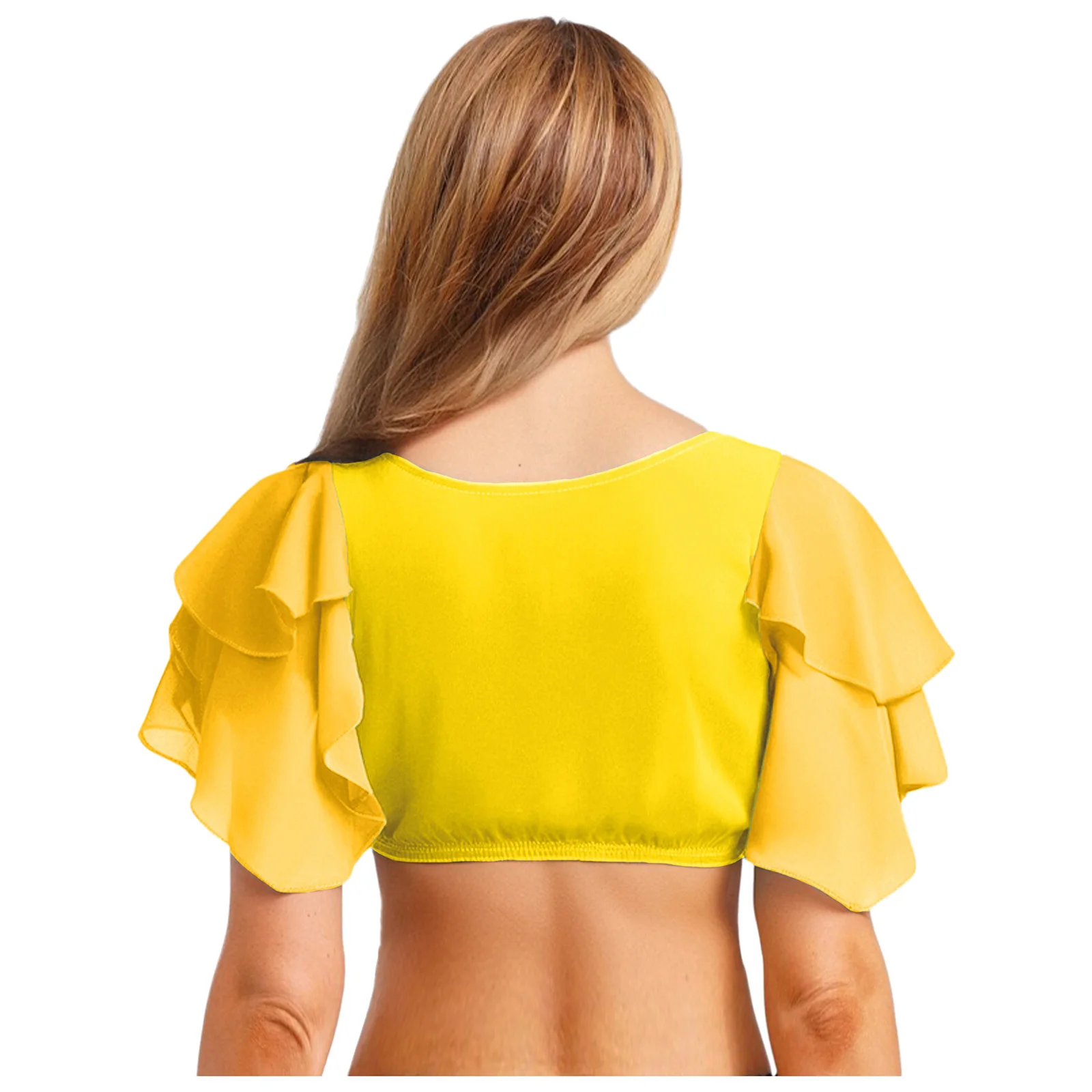 Womens Indian Belly Dance Ethnic Dance Performance Costume Crop Top Tiered Lotus Sleeve Tassel Pullover Blouses Crop T-shirt