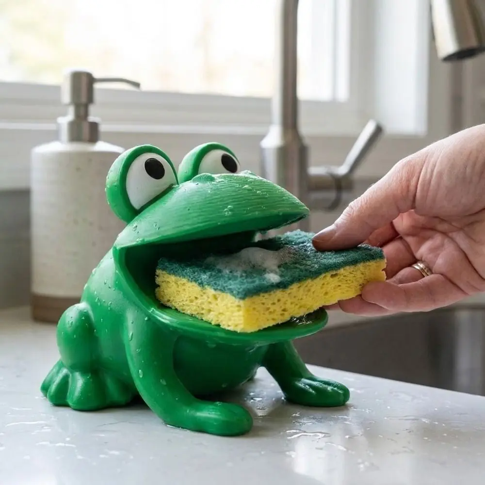 3D Printed Frog-Shaped Sponge Storage Rack Big Mouth Frog Self-draining Sponge Drain Holder with Drain Hole Cartoon
