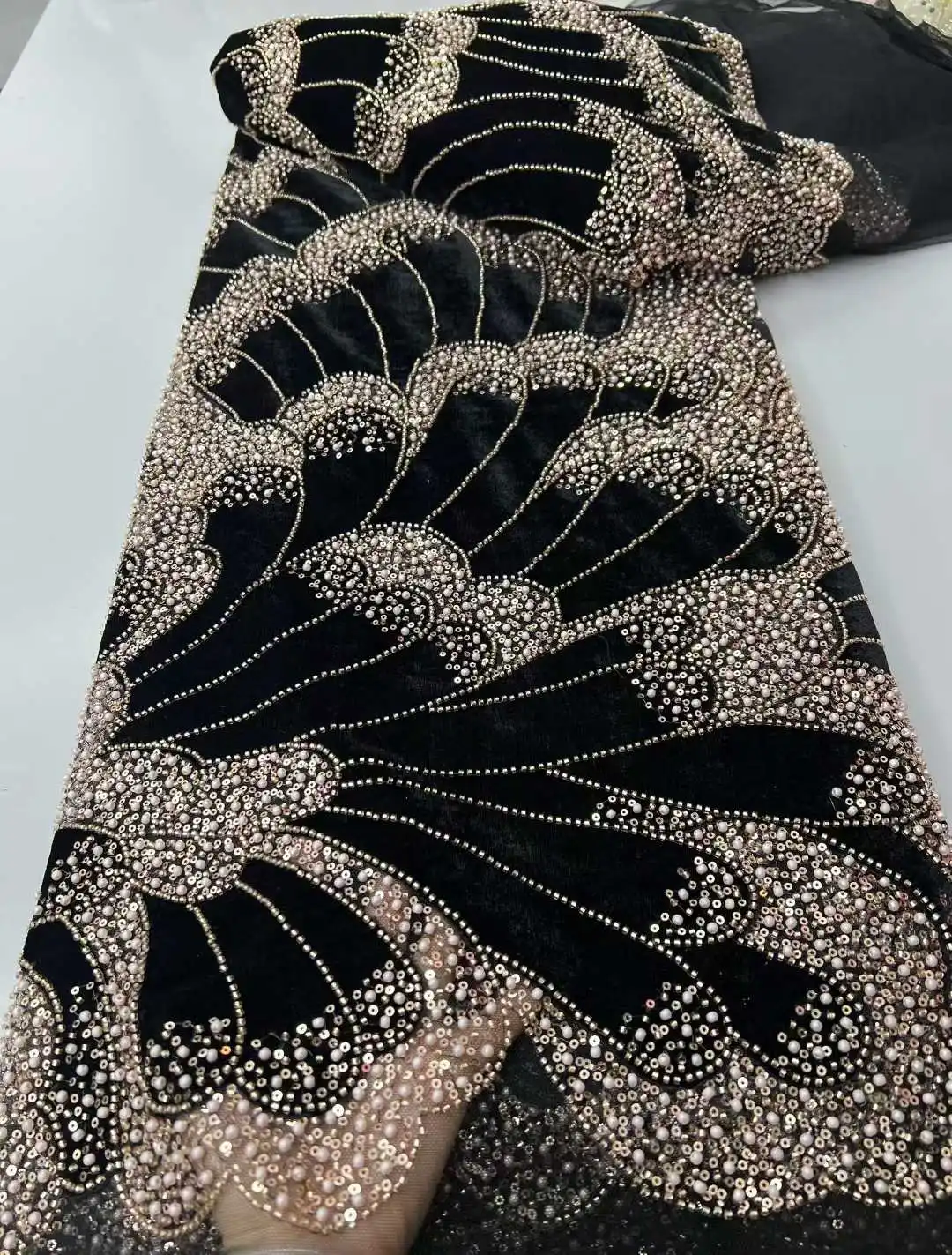 

2025 Fashion Heavy Beaded Sequins Velvet Lace Fabric French Embroidery Lace African Nigerian Tulle Mesh Lace for Wedding Dresses