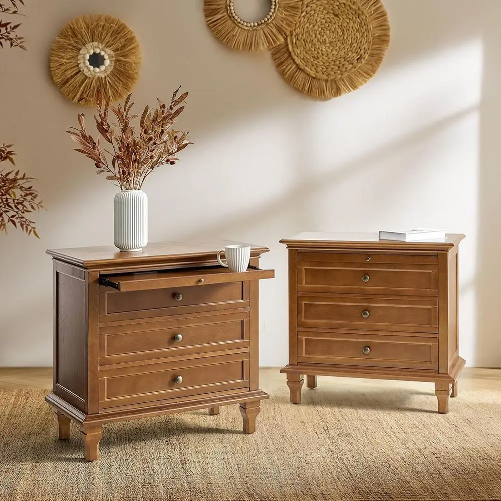 

End Table Set o 2 with Charging Station, Solid Wood Organizer with 3 Ders & Pull-Out Shel, armhouse Bede Table or Living Room, A