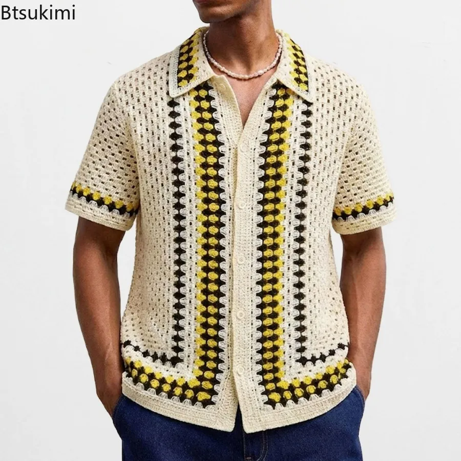 2026 Summer Men's Short Sleeve Polo Shirts Casual Knit Hollow Out Cardigan Soft Breathable Vintage Crochet Knitwear Tops for Men