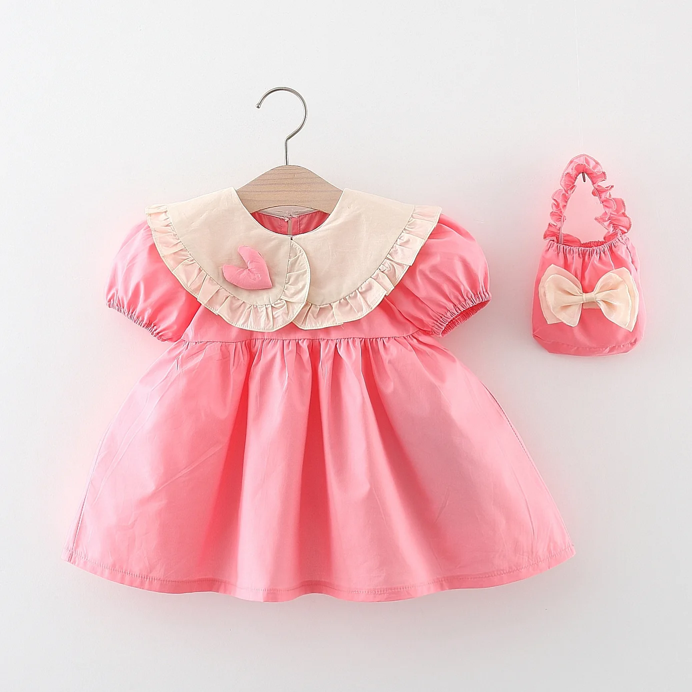 2Piece Summer Set Baby Girl Clothes Korean Cute Doll Collar Short Sleeve Cotton Princess Pink Dress+Bag Toddler Dresses BC514