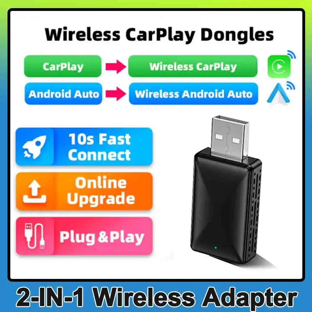 2in1 Wired to Wireless CarPlay Android Auto Adapter for OEM Car Stereo With USB Plug and Play