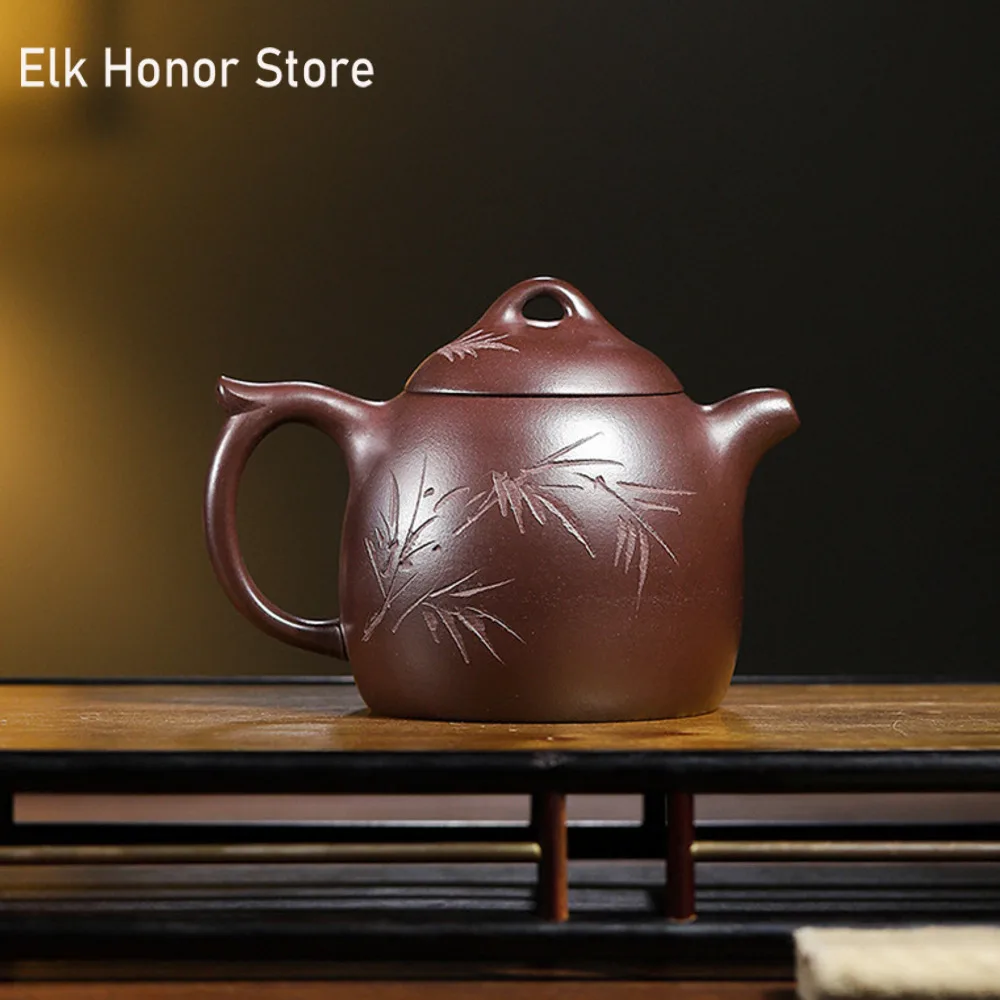 280ml Chinese Yixing Teapot Purple Clay Qinquan Pot Hand-carve Bamboo Pot Raw Ore Purple Mud Kettle Oolong Teaware Tea Set Gift