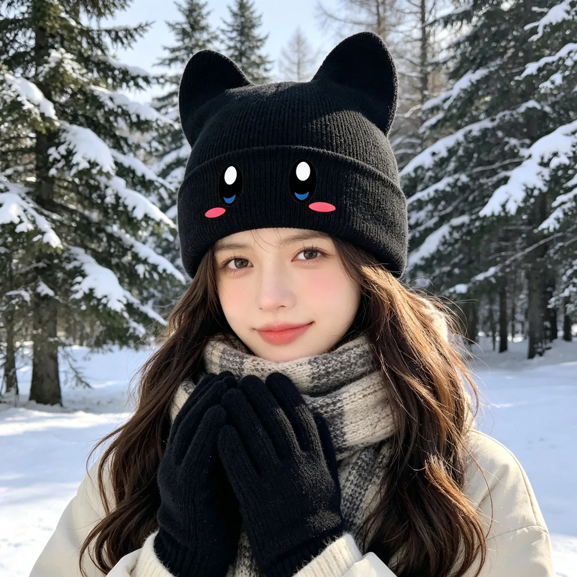 Cute Kirby Knitted Beanie Hat Kawaii Big Eyes Smiley Face Embroidered Pink Winter Hat Japanese Academy Style Knit Cap Unisex
