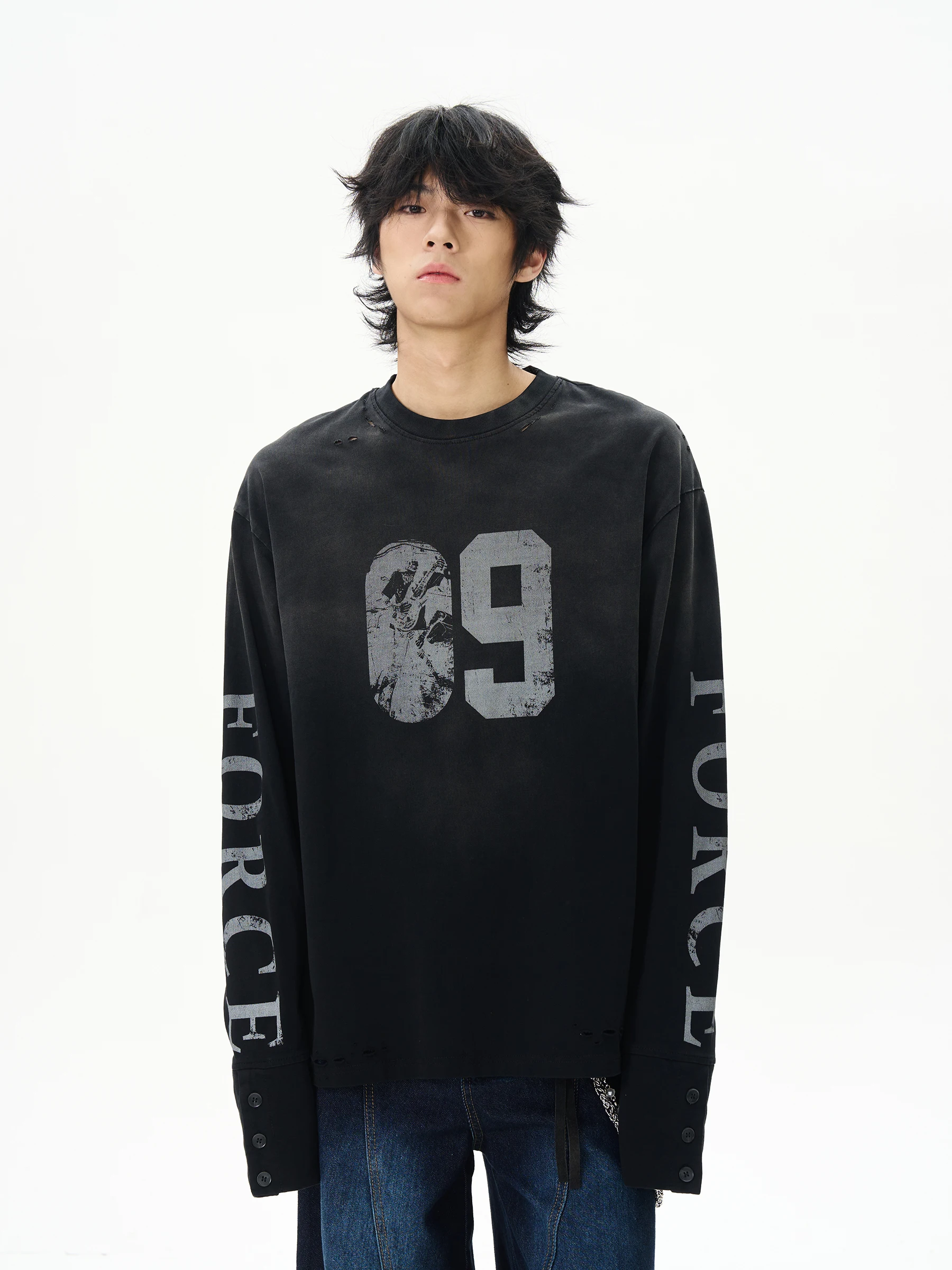WLNEXT American Retro Spray Dirty Long Sleeve T-Shirt Men's Stylish Drawstring Top Couple Trendy Cotton Breathable Spring Autumn