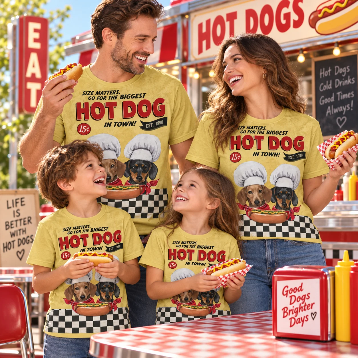 Funny Cartoon Hot Dog Sausage Dog Pattern T-shirt Men and Women 3D Printed Casual Vacation Top Matching Family Women's T-shirt