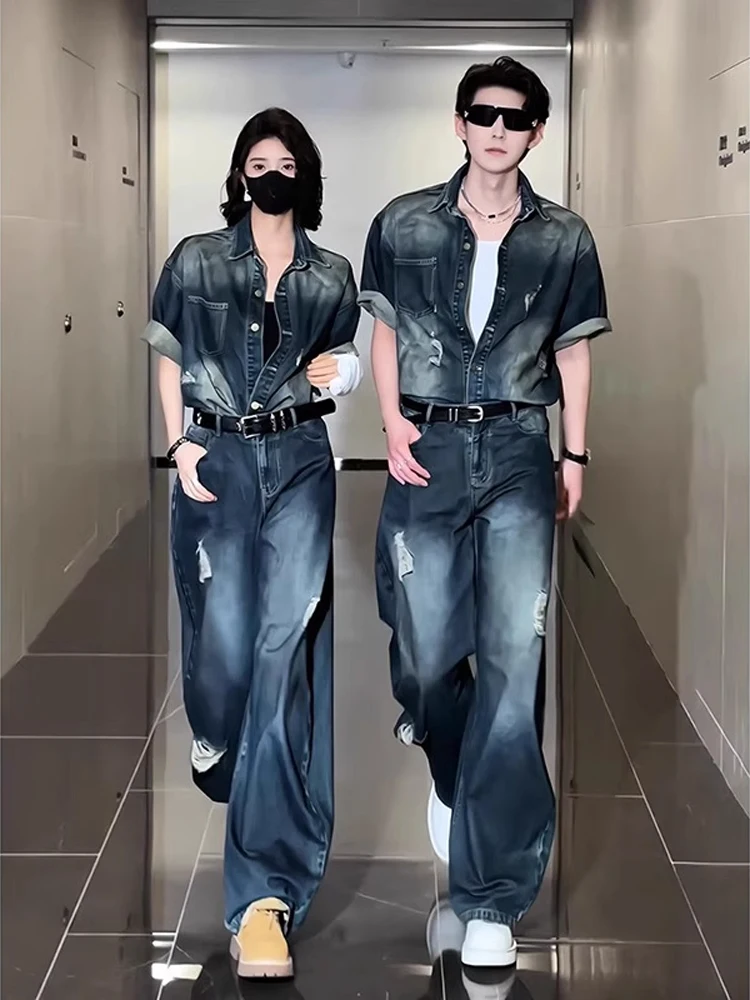 

American Retro Hole Denim Set Men's Summer Cool Haome Clothing ort Sve Denim irt Two Piece Set Youth Faion