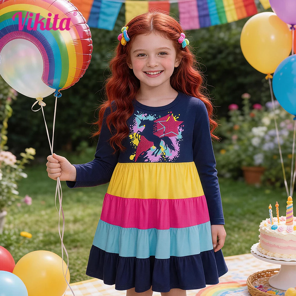 VIKITA Girl Long Sleeve Autumn Spring Vestidos Kids Licorne Cartoon Dresses Girls Colorful Rainbow Striped Polyester Dress 3-12Y