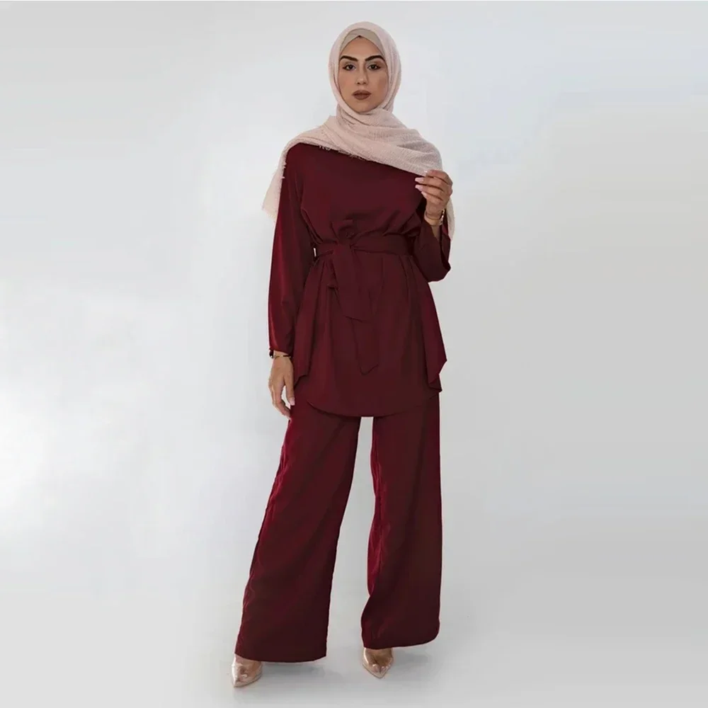 Eid Mubarak Abaya Turkey Hijab Two-piece Muslim Sets Dress Caftan Kaftans Islam Clothing 2 Piece Set Women Loose Wide Leg Pants