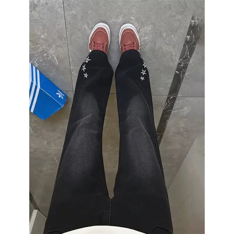 

Embroidered High Waist Street Chicvibe Hip Hop Sle Jeans for Teens Cotton Polyester Blend Wear Resistant Loose Flared Legs