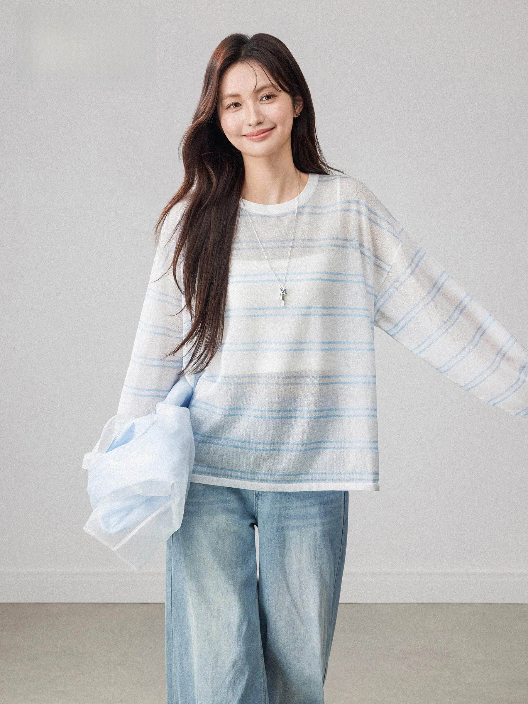 

Chang Dou Dou Summer Slim Fit Striped Long Sleeve Women's T-shirt Lightweight Loose Style Sun Protection Shirt Casual Top