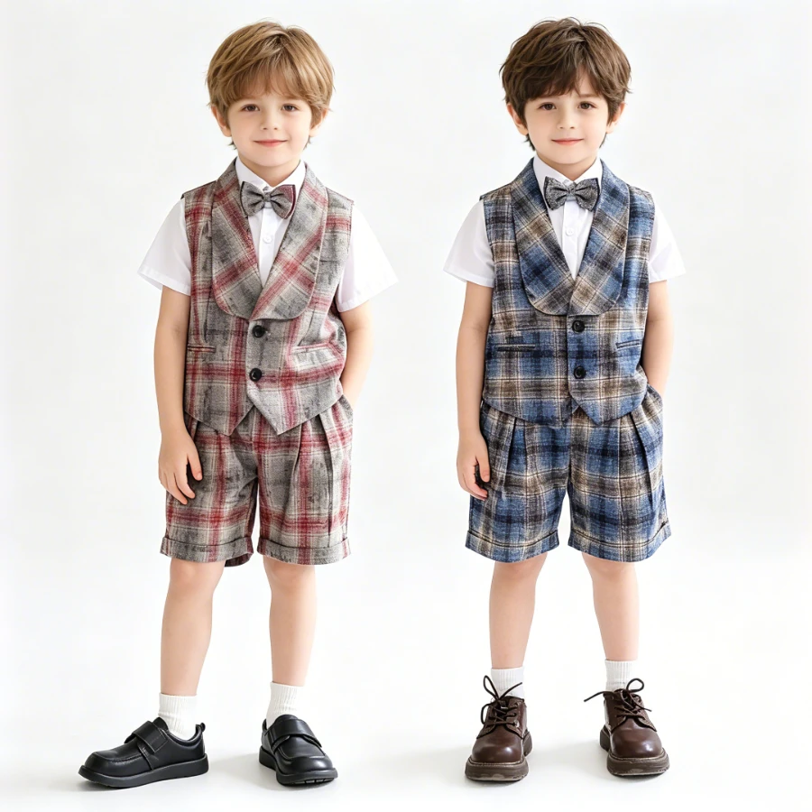 

Toddler Boys Plaid Formal Suit Set Kids Gentleman Outfit for Wedding Ring Bearer Birthday Party Short Sleeve Shirt Vest Shorts